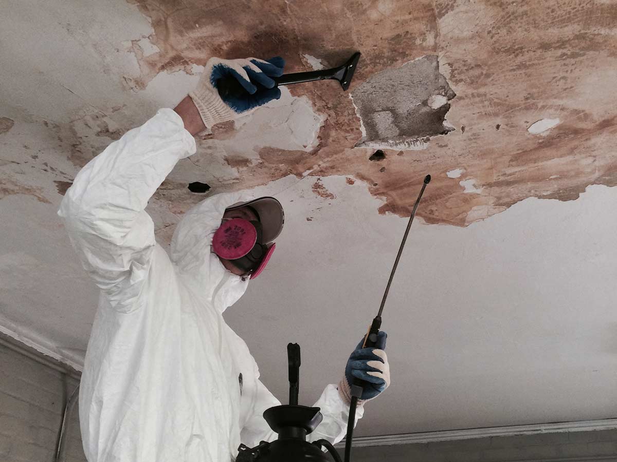 worker in hazmat suit completing mold abatement